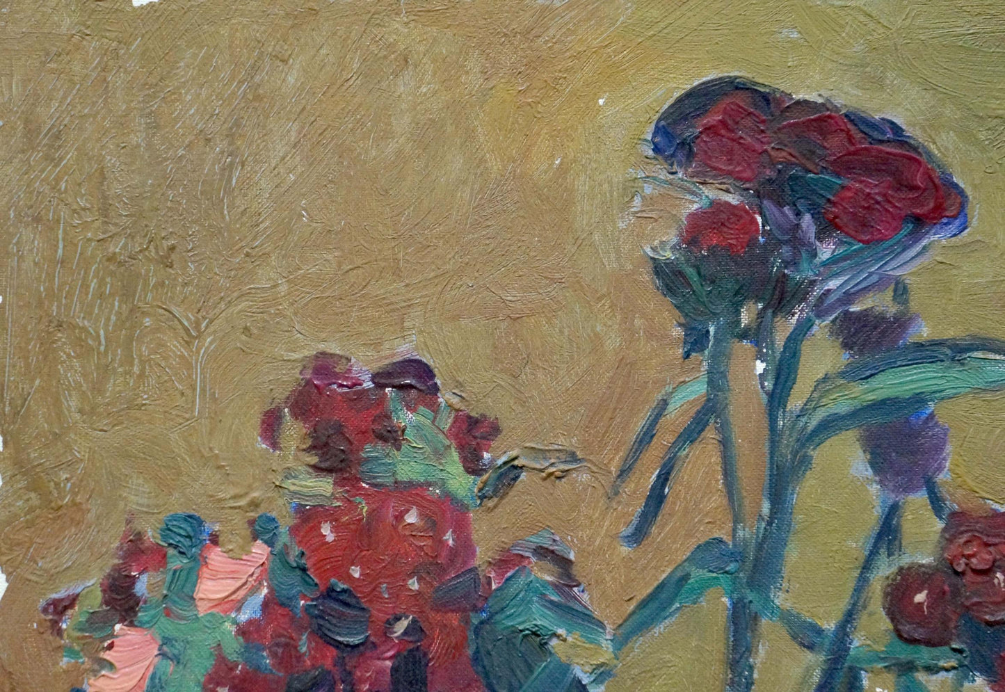 Oil painting of vibrant red and green bouquet by unknown artist