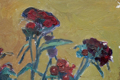 Oil painting of vibrant red bouquet by unknown artist on yellow canvas