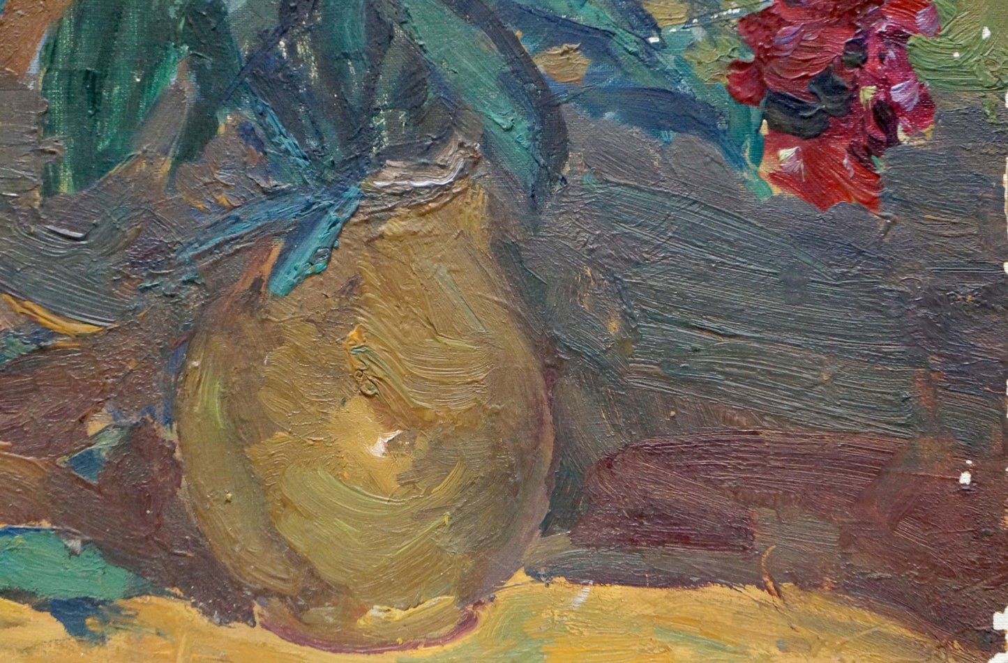 Oil painting of bouquet of red flowers in ceramic vase by unknown artist