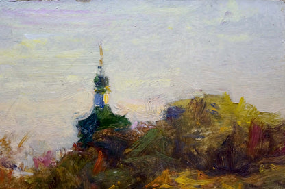 Oil painting by Puzyrkov Viktor Grigorievich: painted church spire with blue green tower above autumn hills
