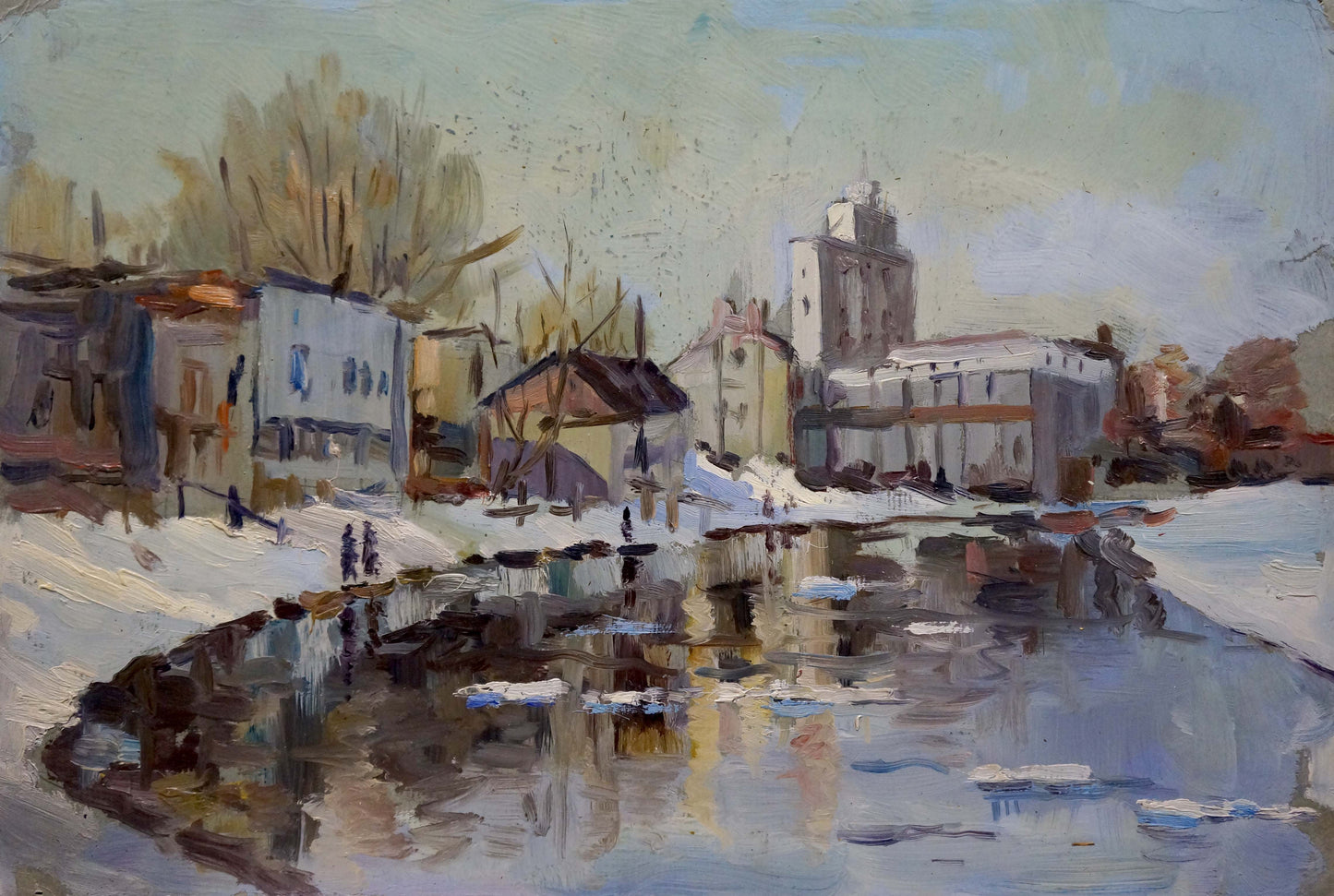 Oil painting of snowy city by the river in impressionistic style