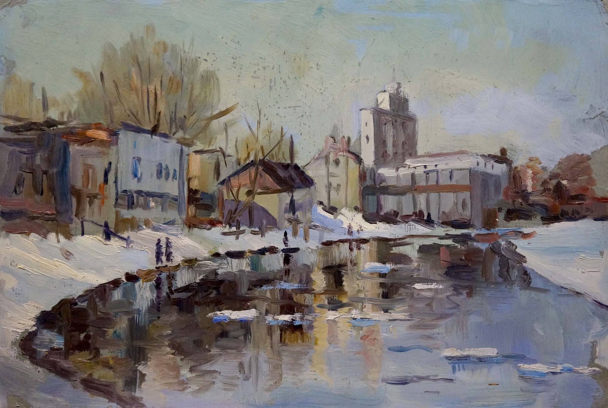 Oil painting of snowy city by the river in impressionistic style