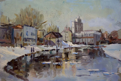 Oil painting of snowy city by the river in impressionistic style