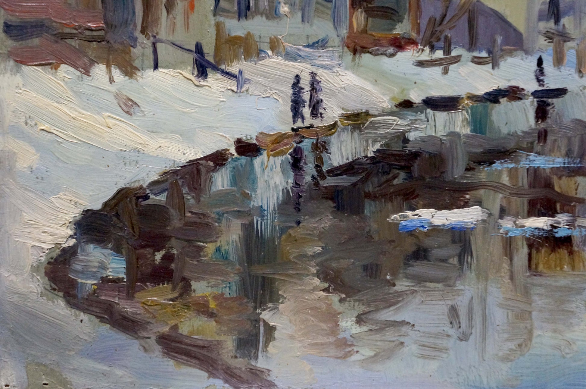 Textured impressionistic oil painting of snowy city by river, unknown artist