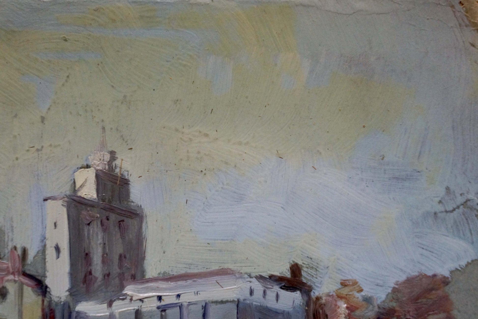 Impressionistic oil painting of snowy city by river under pale yellow gray sky