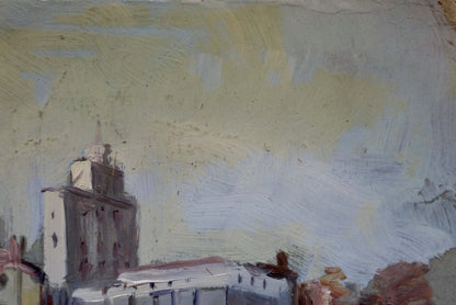 Impressionistic oil painting of snowy city by river under pale yellow gray sky