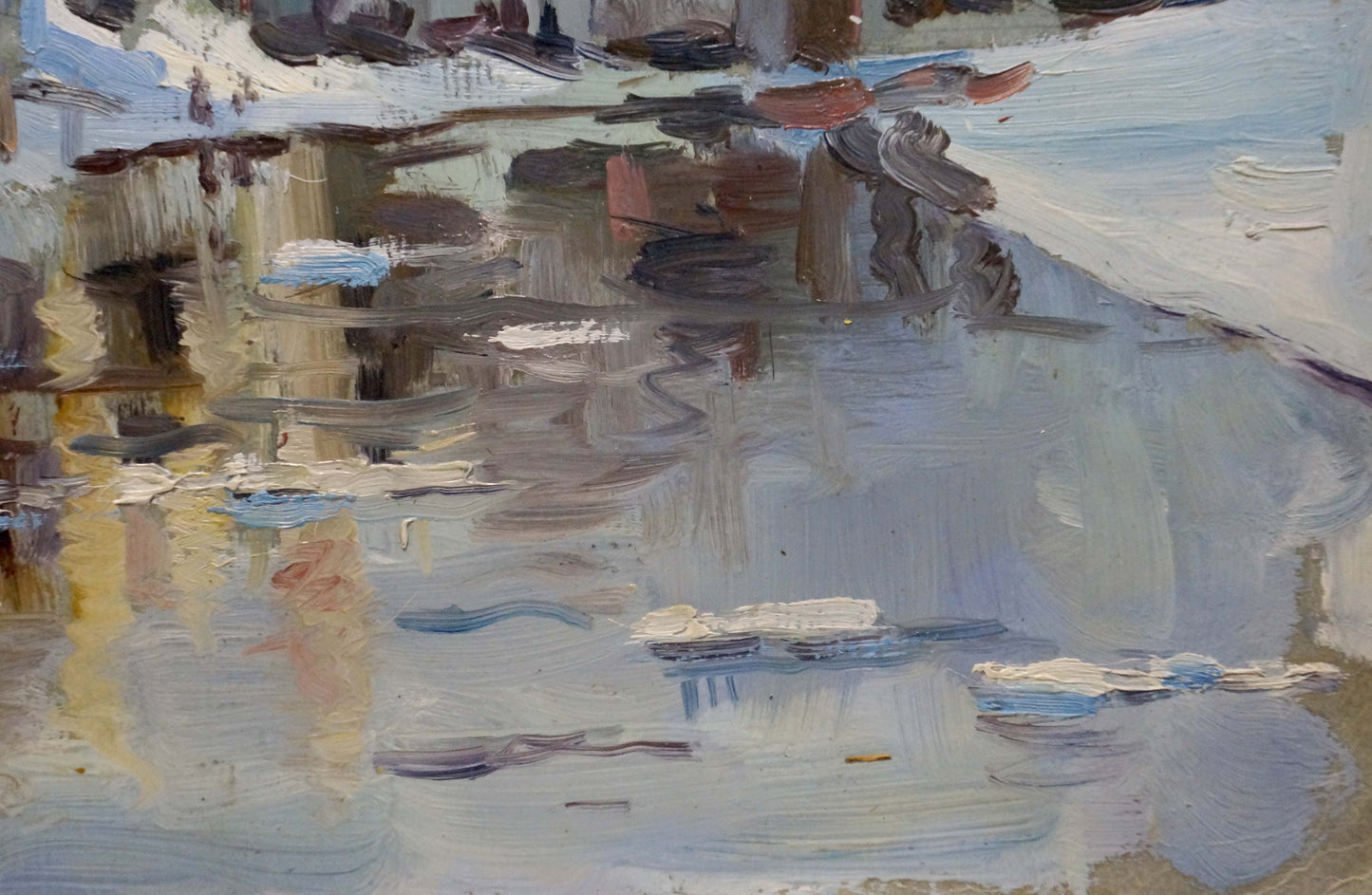 Abstract oil painting of snowy city by river in muted blues and grays