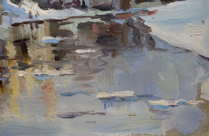 Abstract oil painting of snowy city by river in muted blues and grays
