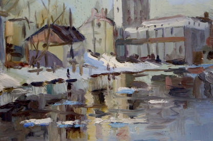 Abstract impressionistic oil painting of snowy city by the river