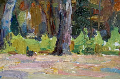 A woodland scene is captured in Mikhail Saulovich Turovsky's oil painting