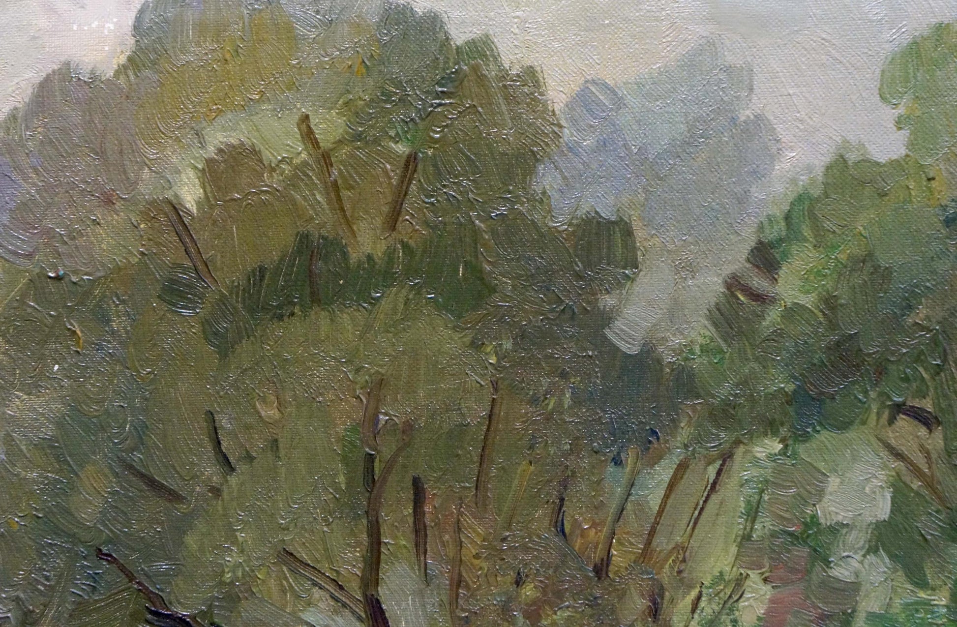 Oil painting Beginning of autumn by Dmitry Lednev: dense forest foliage