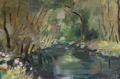 Oil painting Beginning of autumn by Dmitry Lednev: serene forest stream