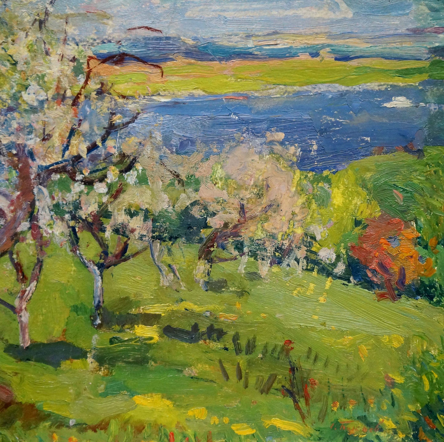 Vibrant impressionist oil painting by Bakaev Sergey Ivanovich with blossoming trees, hills and lake
