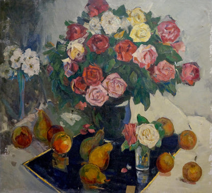 Oil painting by Fedor Fedorovsky: vibrant roses in blue vase