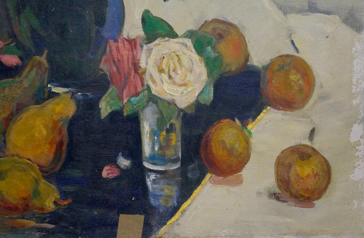 Oil painting of white rose with pink petals in glass vase by Fedor Fedorovsky