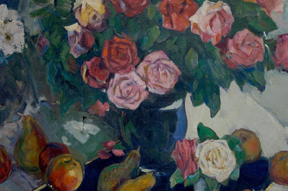Oil painting of vibrant pink, red, white roses in blue vase by Fedorovsky