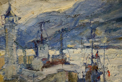 Within Ilya Cherkashin's oil painting, a port setting is depicted