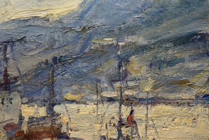 In the oil painting by Ilya Cherkashin, a scene unfolds within a port