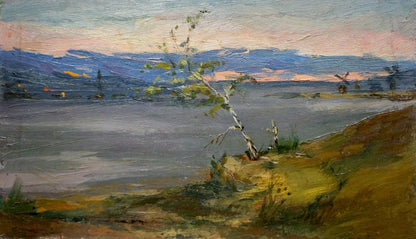 Oil painting of slender birch by calm waters in pink twilight sky