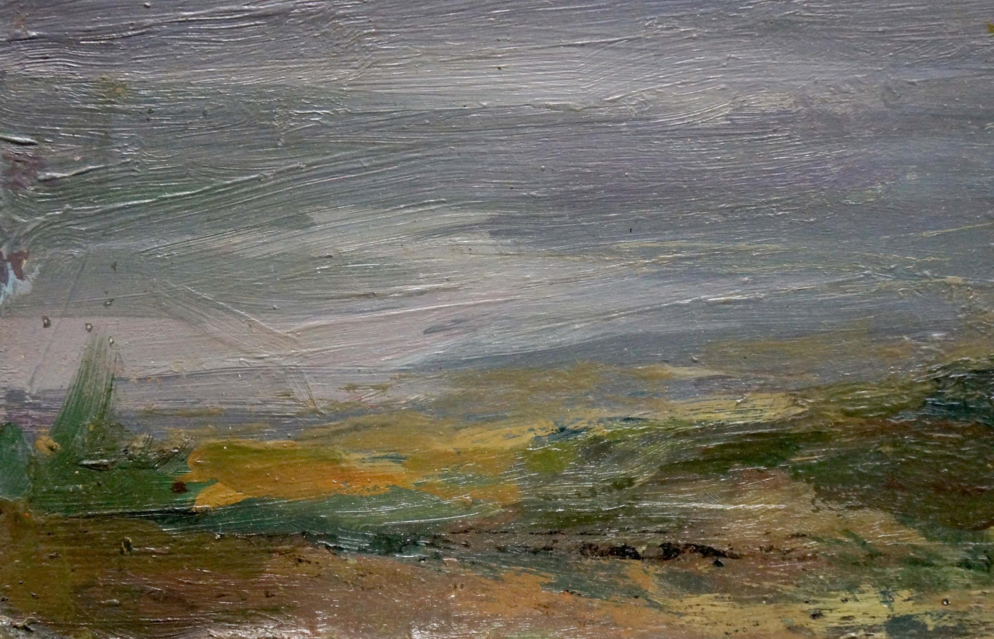 Oil painting Evening landscape by unknown artist, textured muted grays and greens