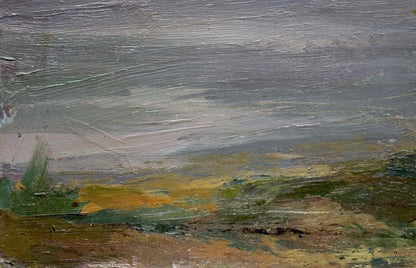 Oil painting Evening landscape by unknown artist, textured muted grays and greens