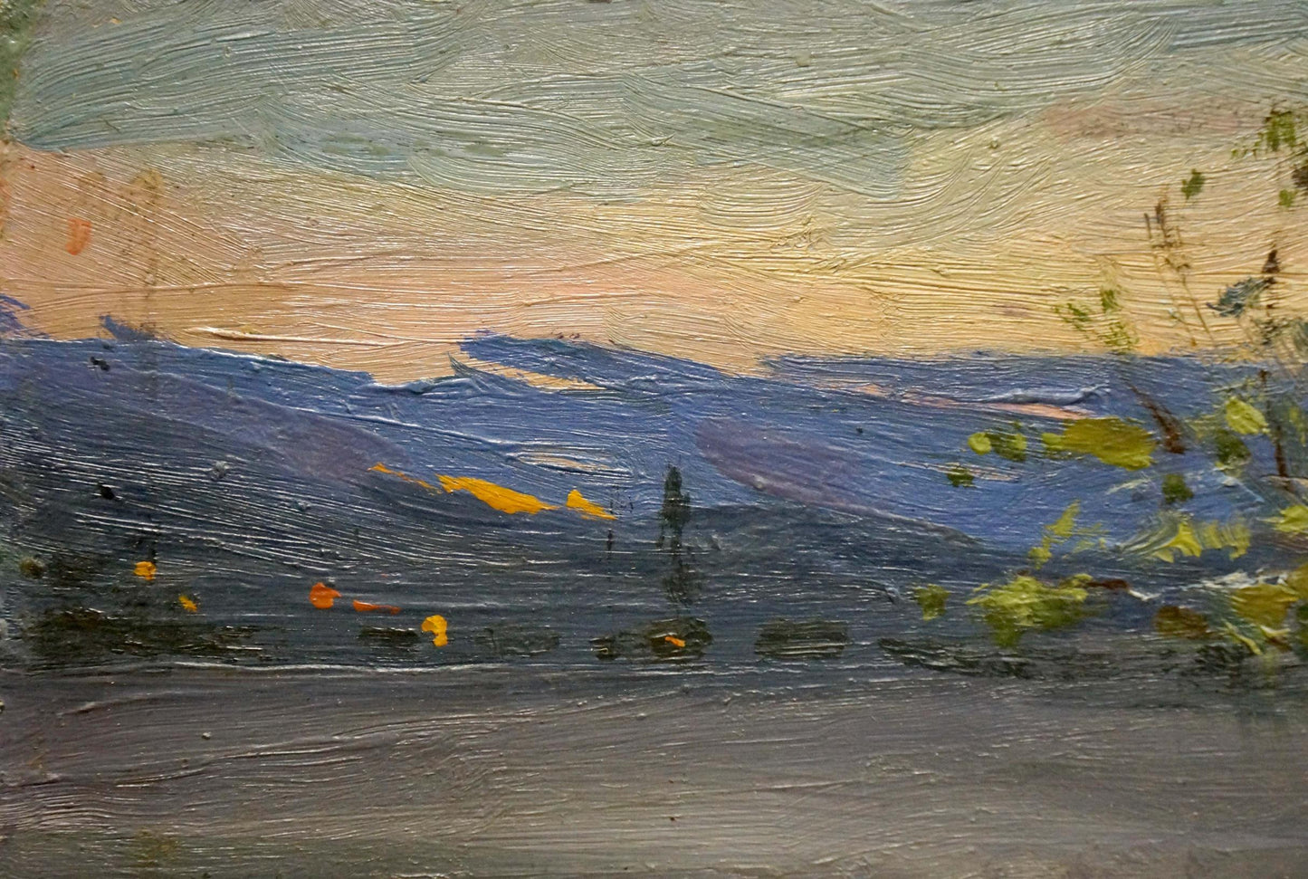 Oil painting of evening landscape with rolling hills under gradient sky