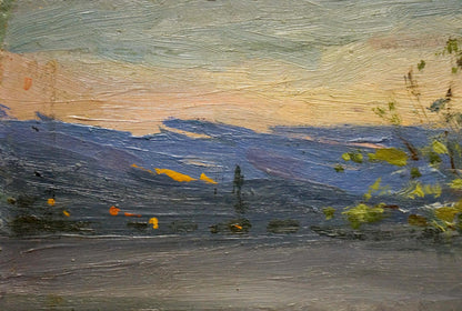 Oil painting of evening landscape with rolling hills under gradient sky