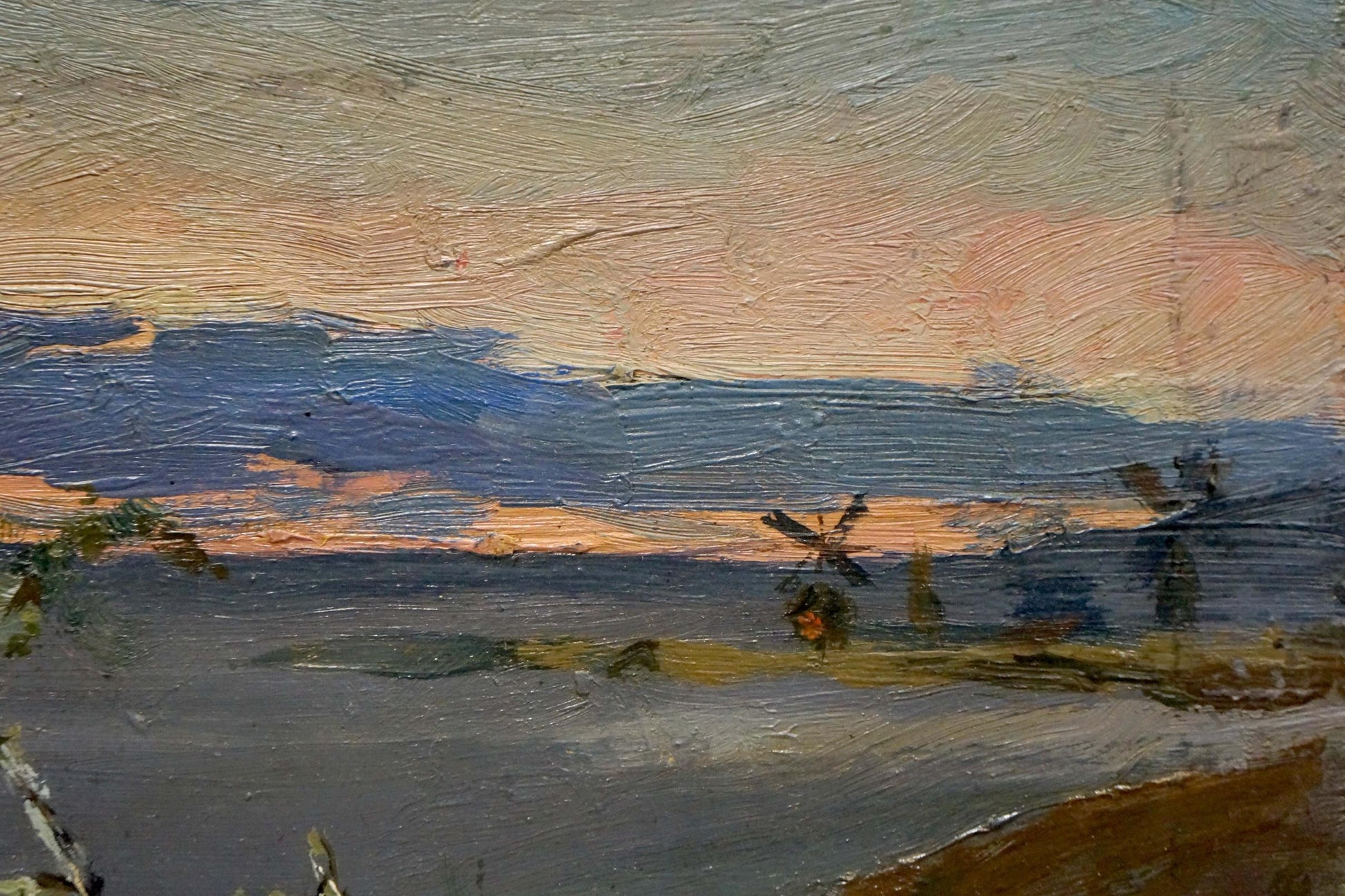 Impressionistic oil painting of tranquil evening coastal landscape