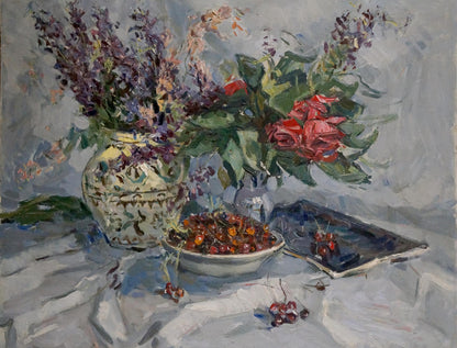 Oil painting of Vera Dovgalevskaya bouquet with lavender and roses