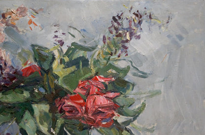 Vibrant oil painting of red rose bouquet by Vera Dovgalevskaya
