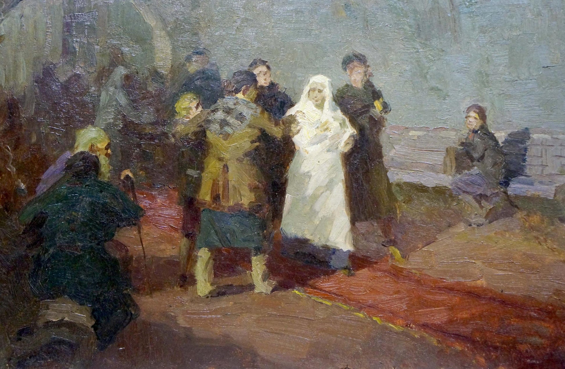Oil painting portrait by Semenov A. N. of white flowing wedding gown