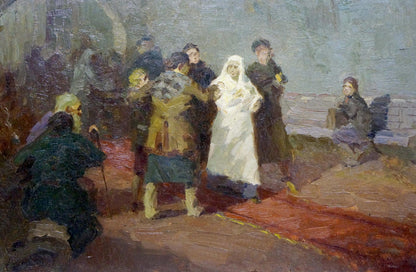 Oil painting portrait by Semenov A. N. of white flowing wedding gown