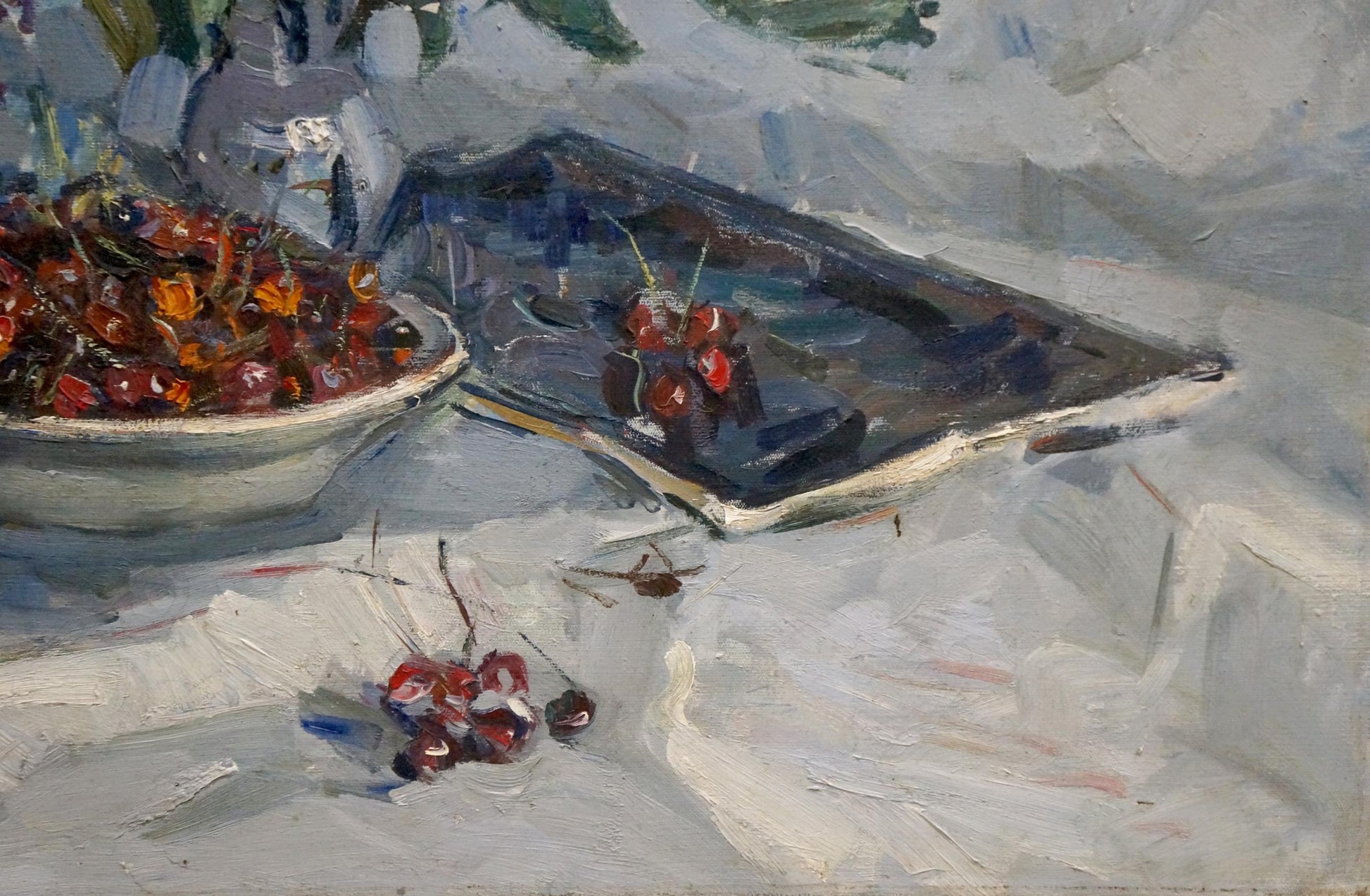 Oil painting of vibrant red cherries in white bowl by Vera Dovgalevskaya