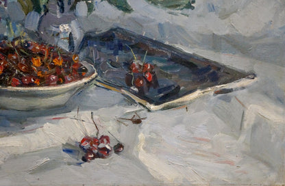 Oil painting of vibrant red cherries in white bowl by Vera Dovgalevskaya