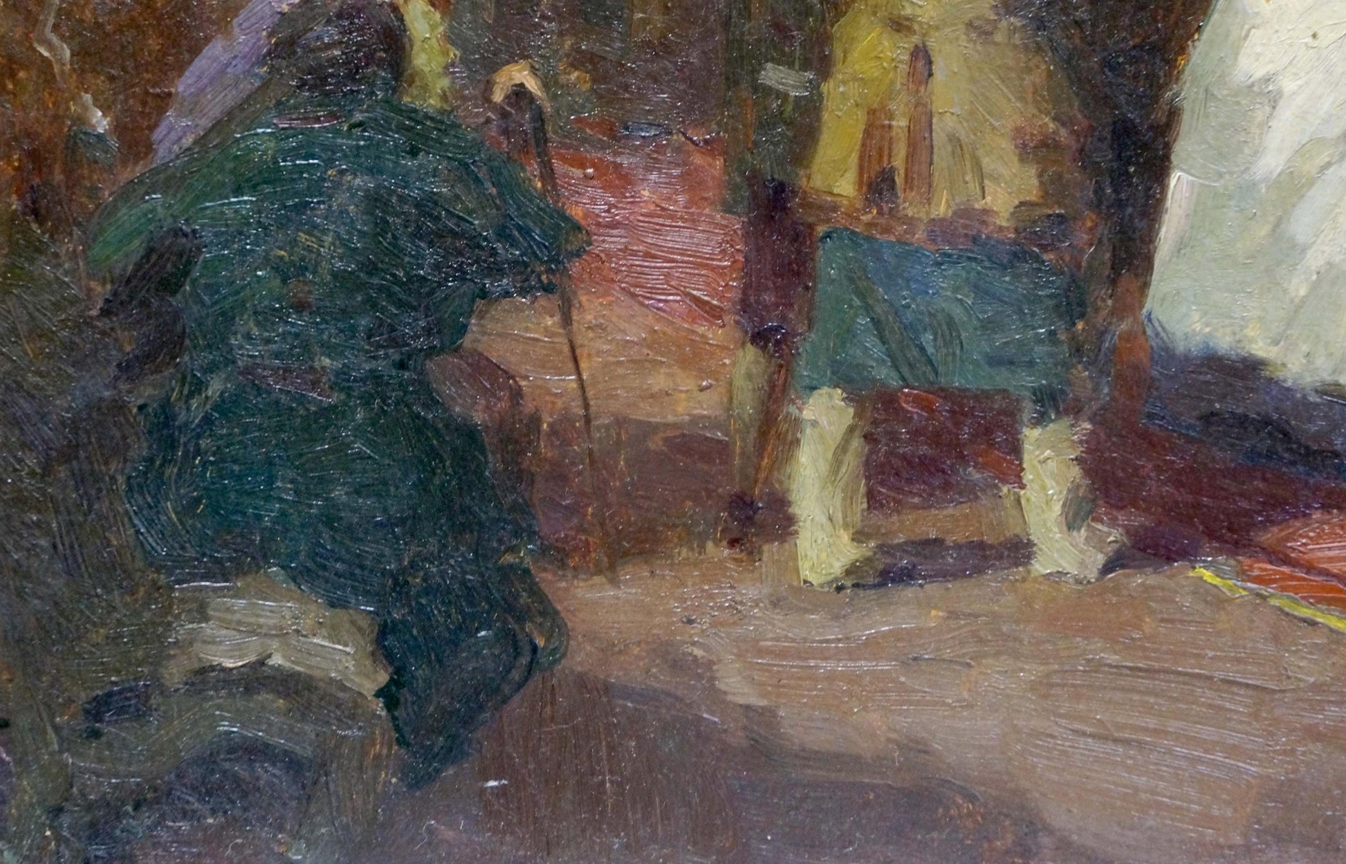 Dark green textured impressionistic oil portrait of seated figure by Semenov A. N