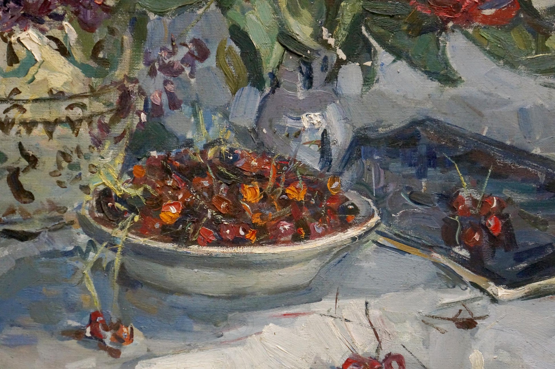 Oil painting of Vera Dovgalevskaya bouquet of roses lilacs with cherries