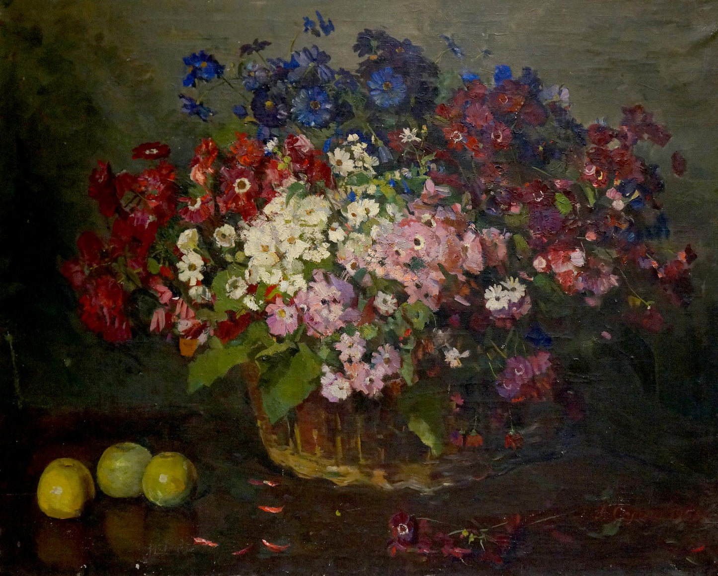 Oil painting Flowers Solona L. R.: vibrant mixed-color floral arrangement in woven basket