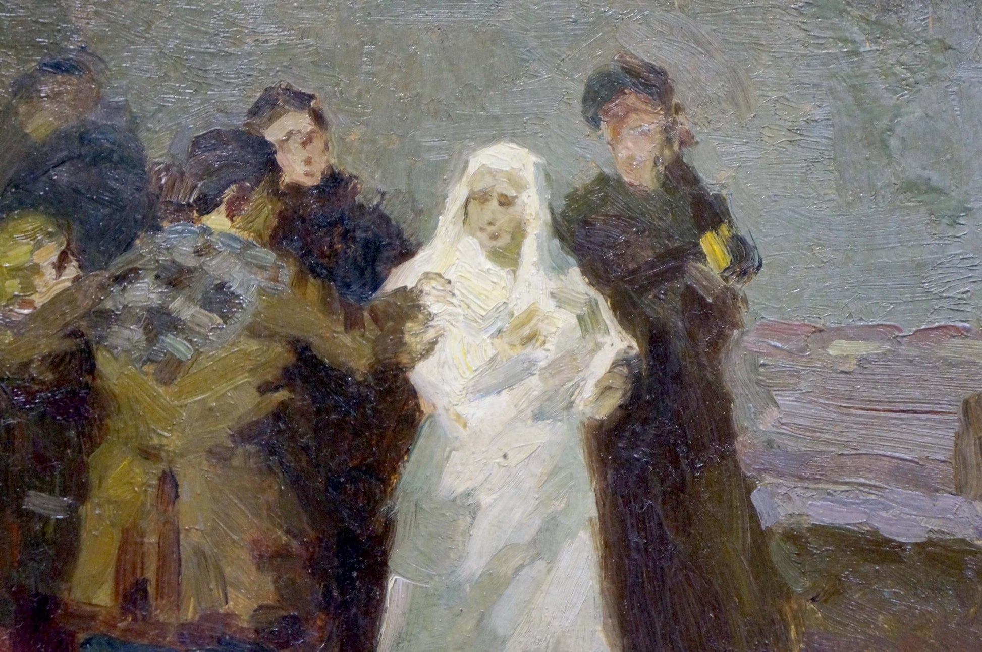 Oil painting portrait by Semenov A. N. of veiled woman in gown amid group