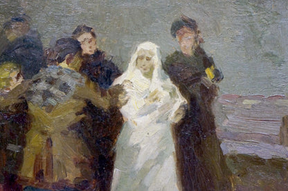 Oil painting portrait by Semenov A. N. of veiled woman in gown amid group