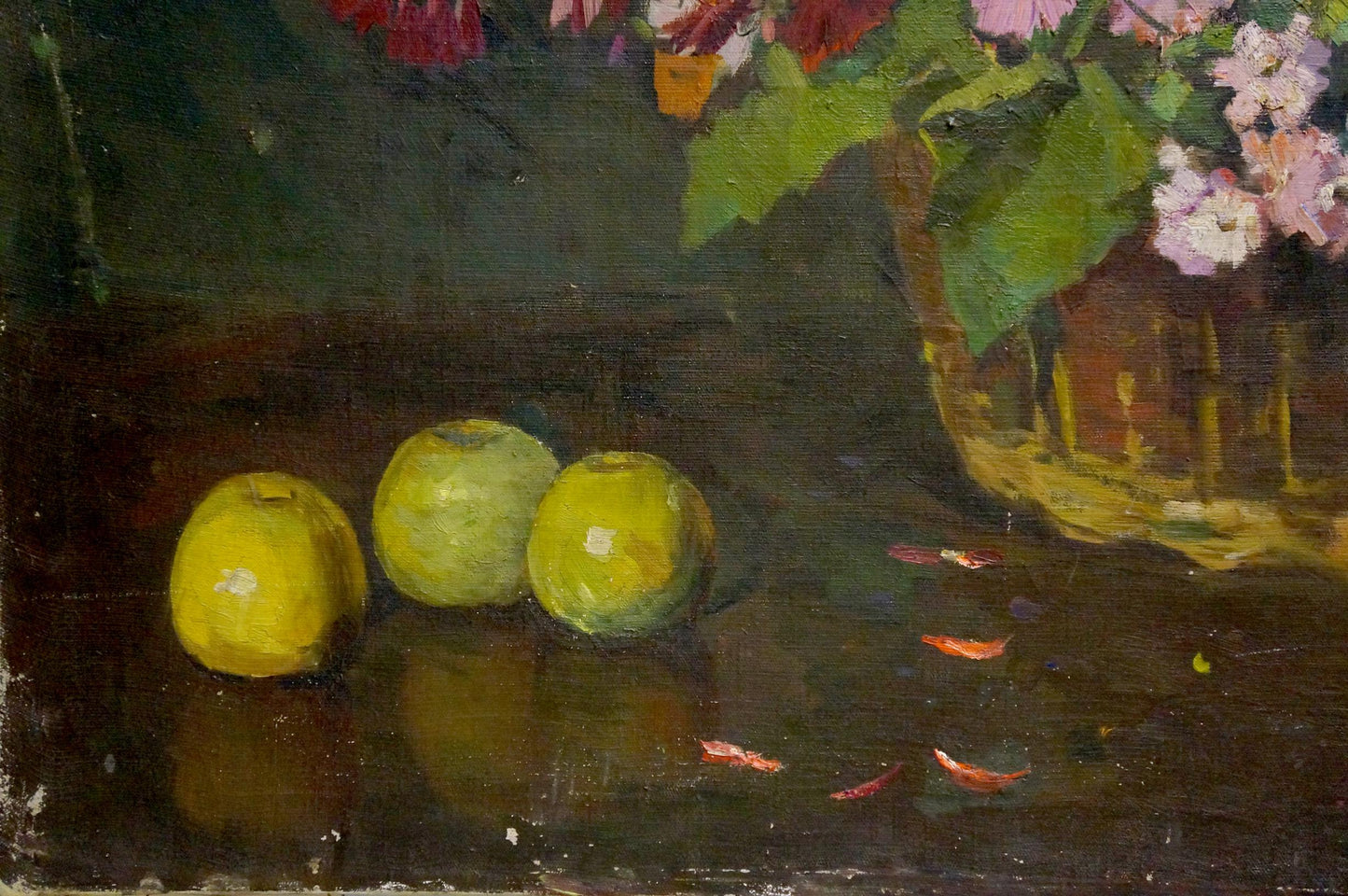 Oil painting Flowers Solona L. R. with three green apples on dark surface