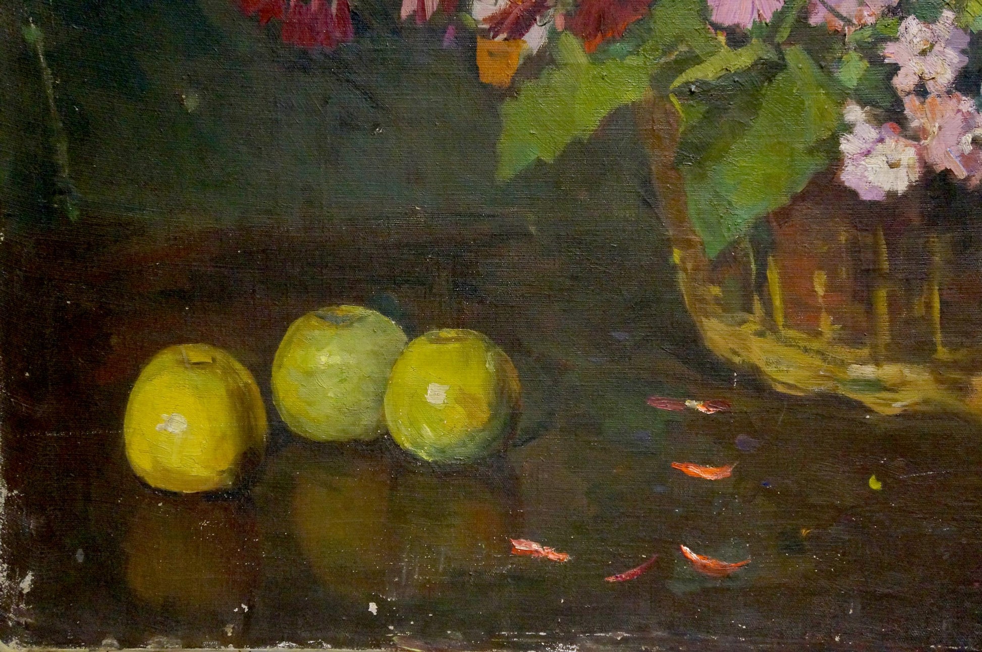Oil painting Flowers Solona L. R. with three green apples on dark surface