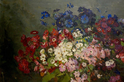 Vibrant oil painting Flowers Solona L. R. with lush colorful bouquet