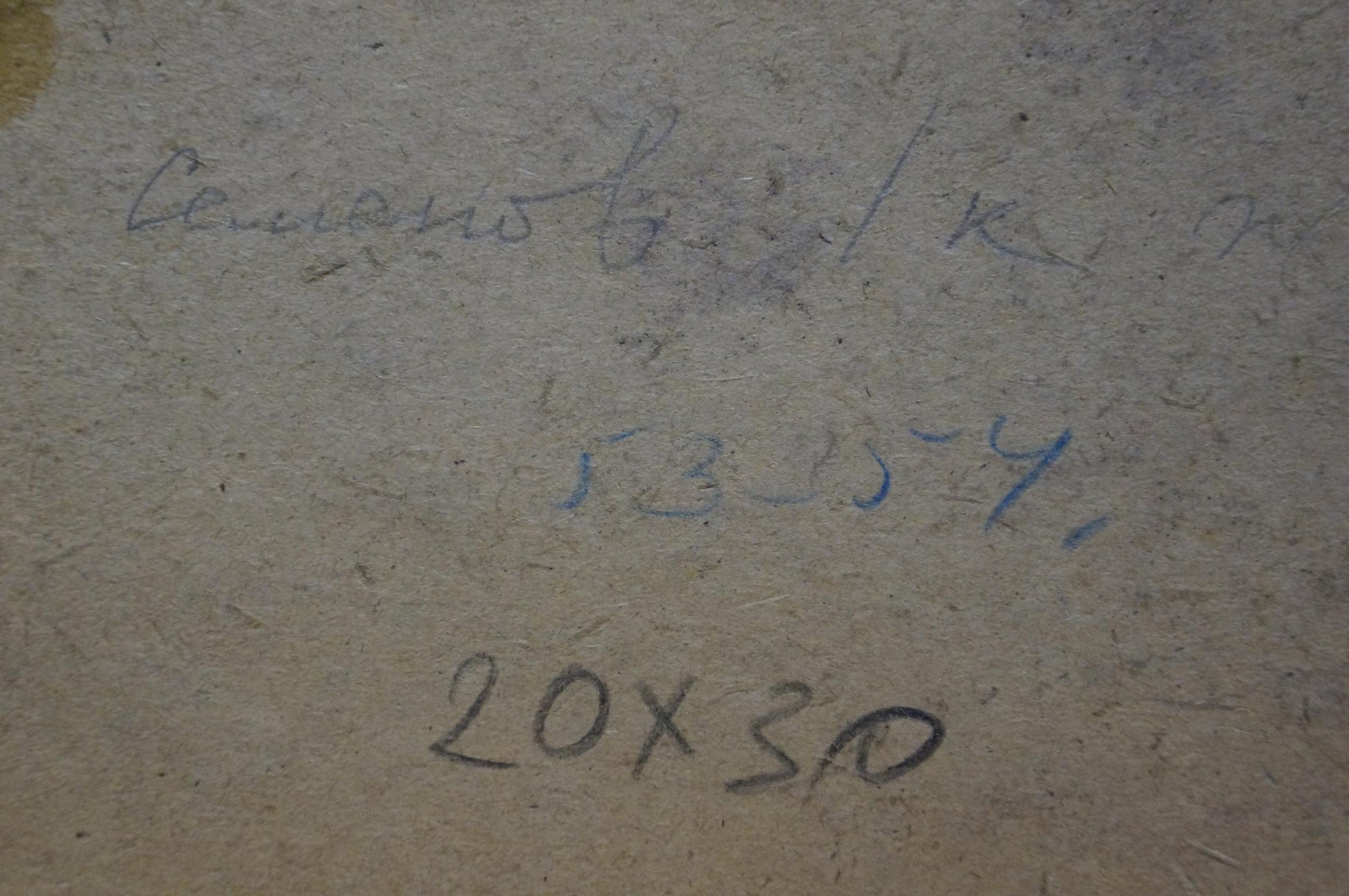 Back of Semenov A. N. oil painting portrait with beige cardboard, handwritten markings