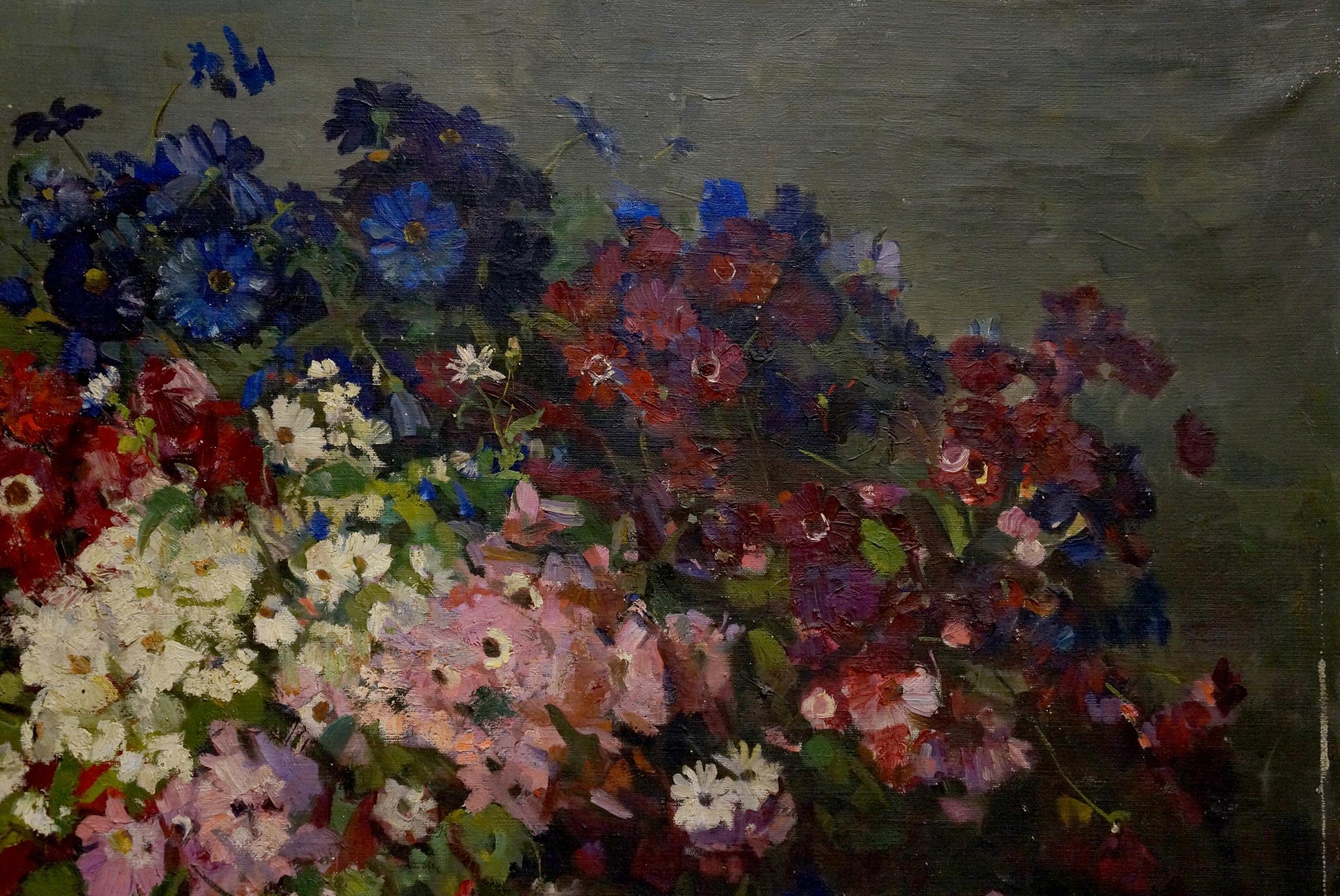 Vibrant oil painting Flowers Solona L. R. with lush colorful bouquet