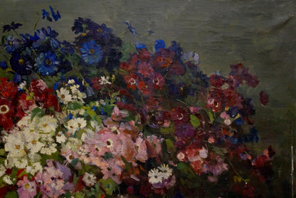 Vibrant oil painting Flowers Solona L. R. with lush colorful bouquet
