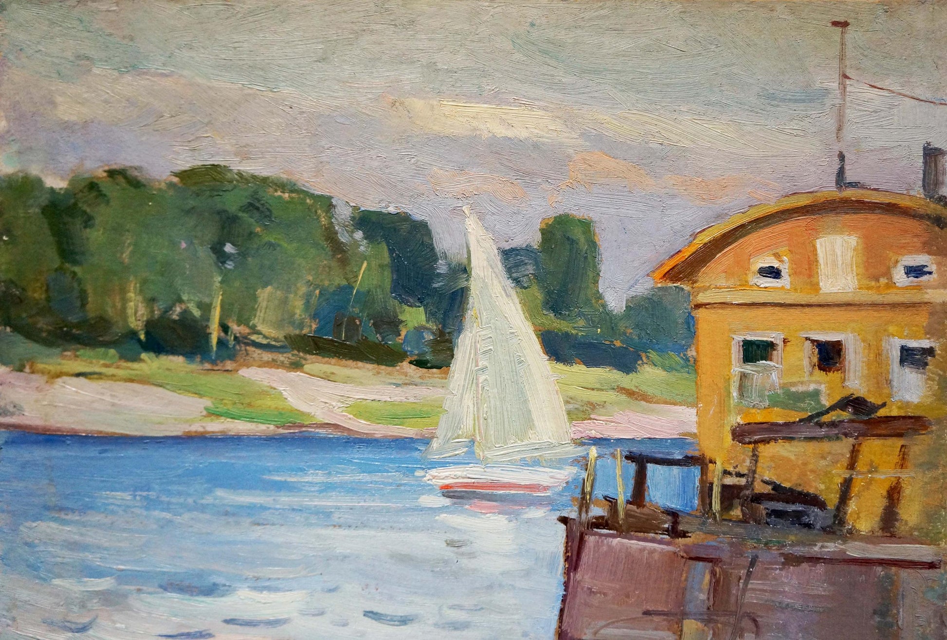 Oil painting by Buryachok Nikolay Ivanovich: white sailboat with red hull near yellow boathouse