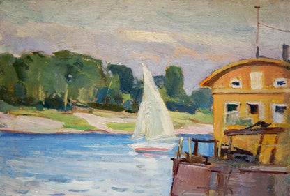 Oil painting by Buryachok Nikolay Ivanovich: white sailboat with red hull near yellow boathouse