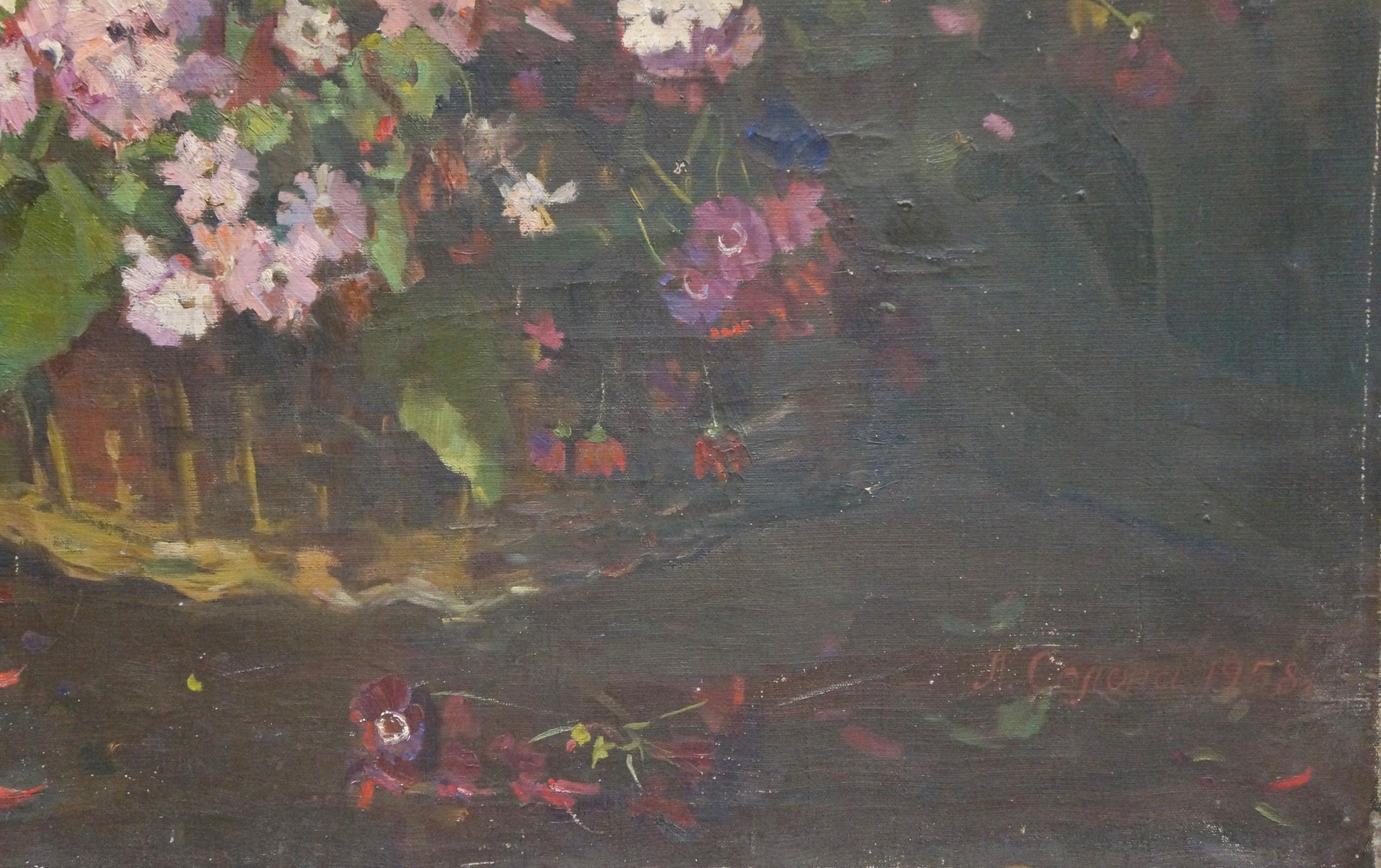 Oil painting Flowers Solona L. R. vibrant pink white purple bouquet in rustic basket