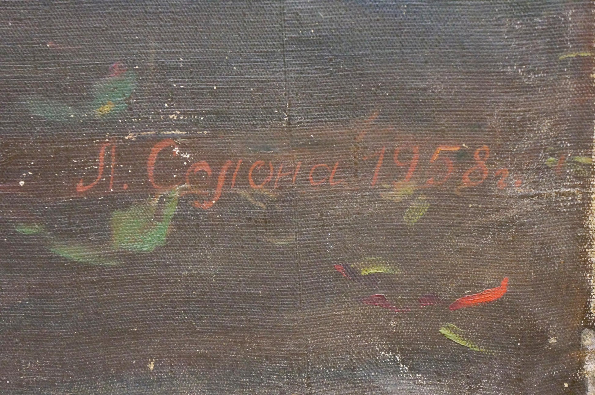 Back of Oil painting Flowers Solona L. R. with red cursive j. signature and date