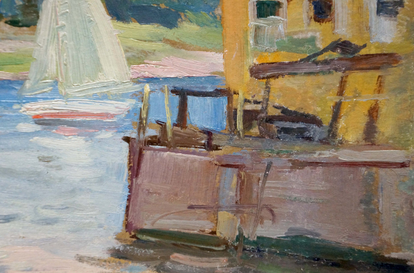 Oil painting of weathered pinkish-brown wooden yacht by Buryachok Nikolay Ivanovich